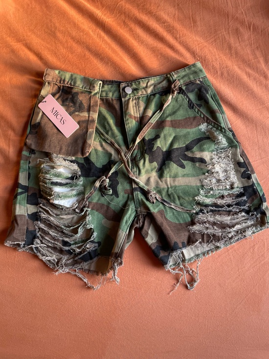 Micas Pants - MICAS Green Camo Distressed Jean Shorts